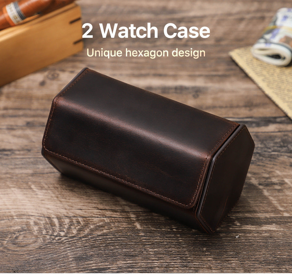 Vintage Hexagon Crazy Horse Leather Watch Case for Two Watches