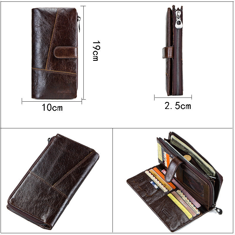 Men’s Top-Grain Cowhide Leather Long Clutch Wallet with Clasp Closure