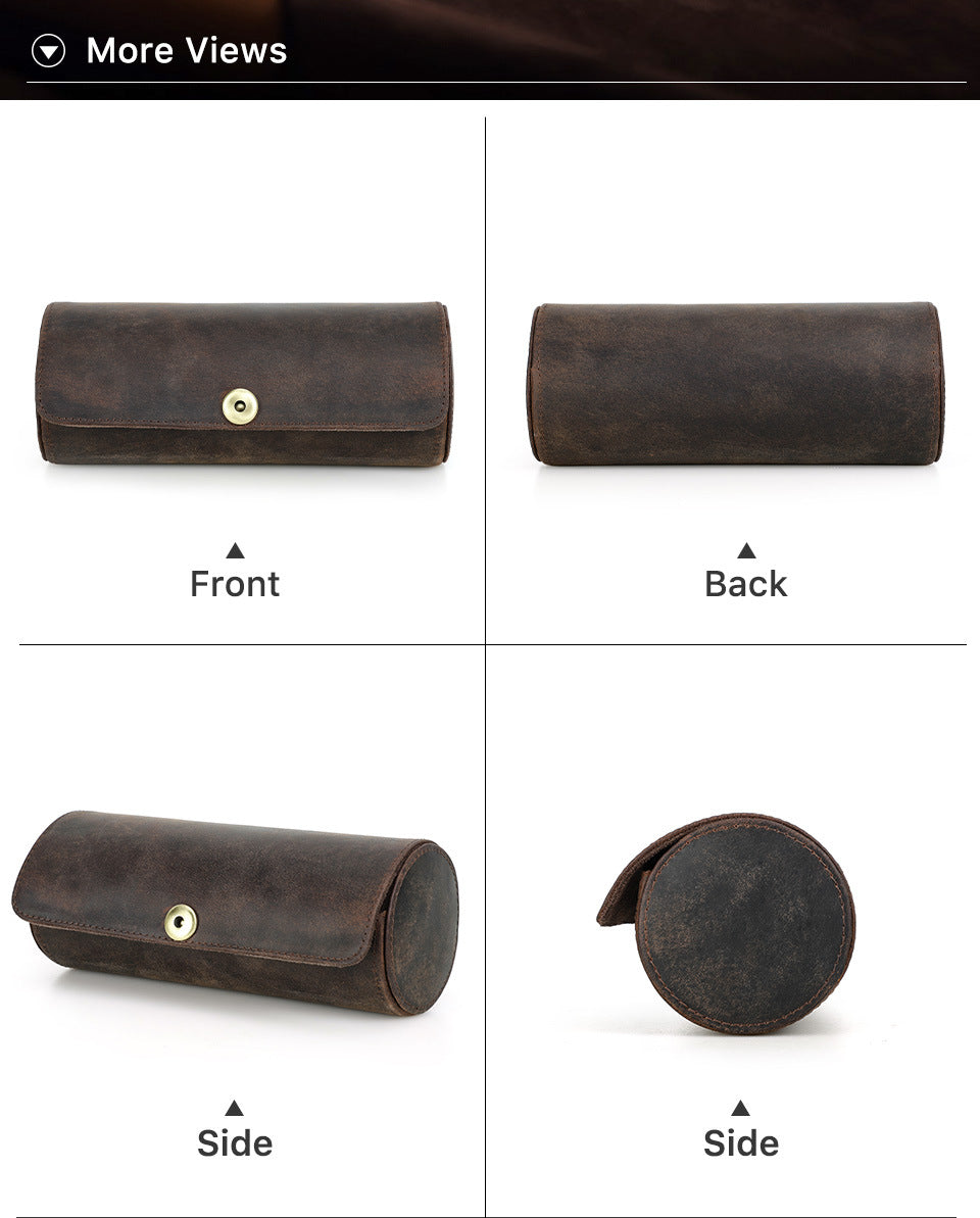 Handmade Vintage Crazy Horse Leather Cylindrical Case for Two Ties with Magnetic Clasp
