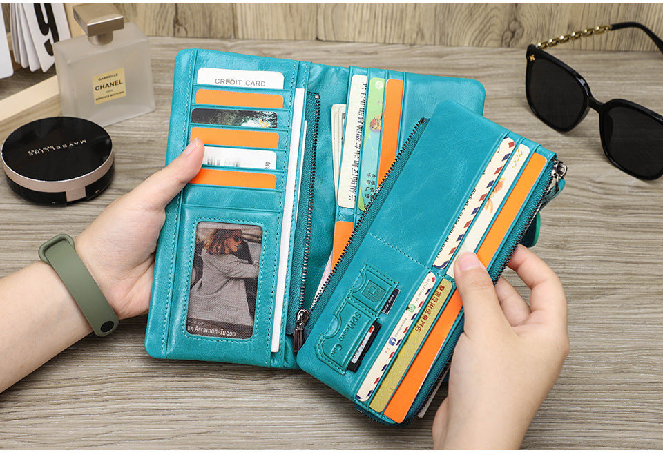 Men’s Cowhide Leather Tri-Fold Clutch Wallet with Clasp Closure