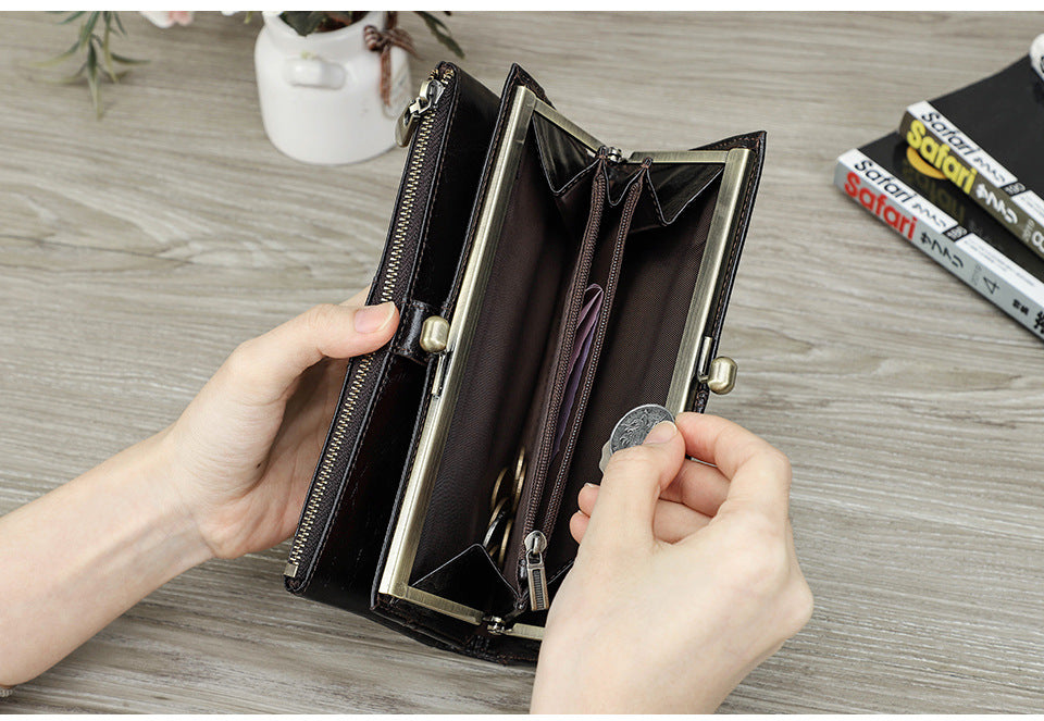 Top-Grain Cowhide Leather RFID-Blocking Long Wallet for Women with Metal Clasp