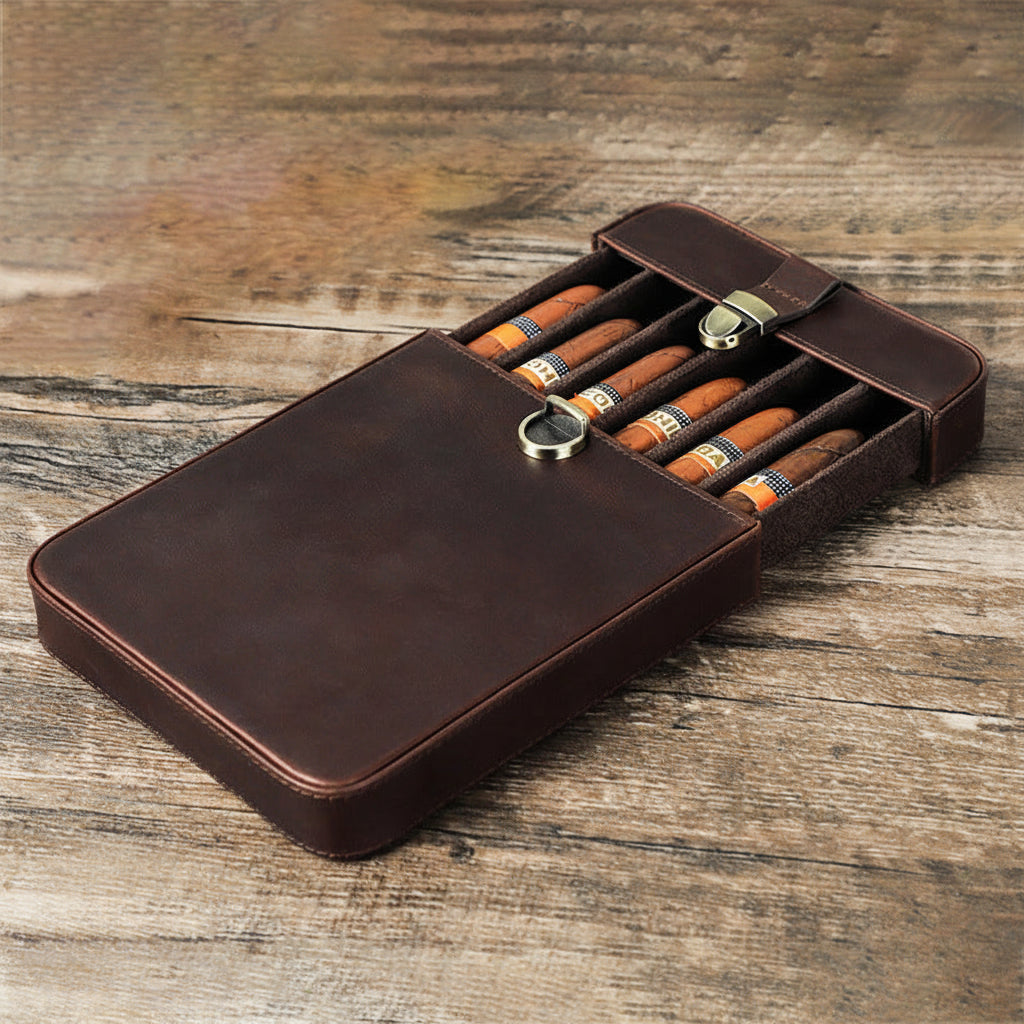 Handmade Crazy Horse Cowhide Drawer-Style Cigar Humidor with Lock – Holds 6 Cigars