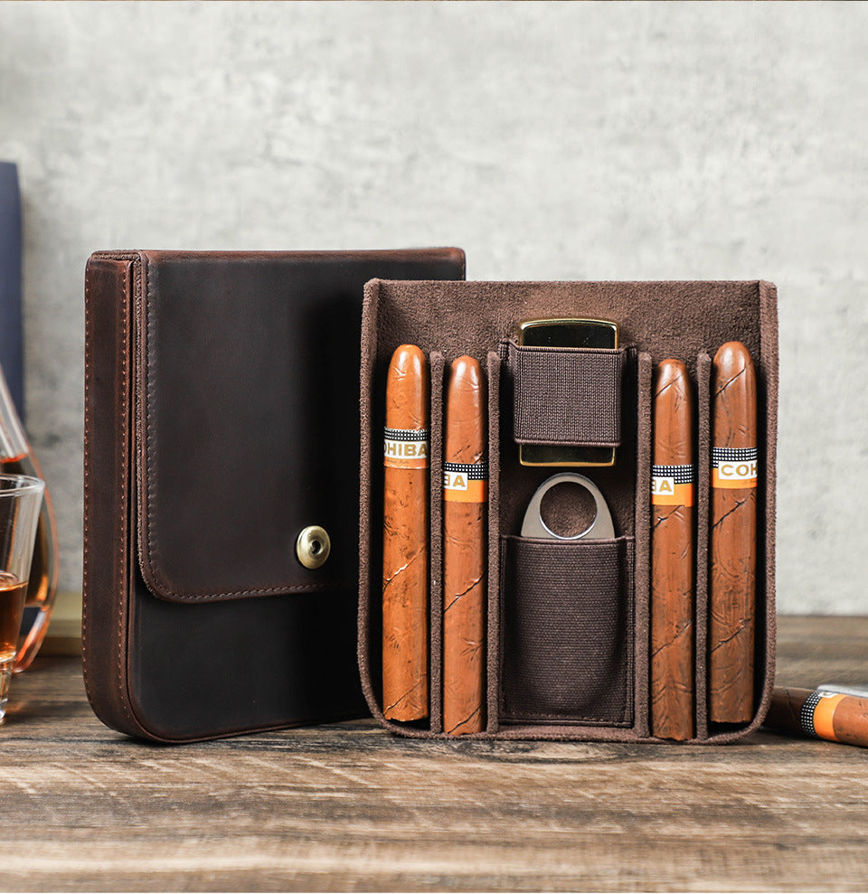 Brown Crazy Horse Leather Flip-Top Cigar Case with Magnetic Clasp – Holds 4 Cigars