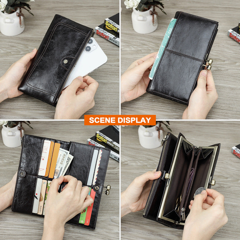 Top-Grain Cowhide Leather RFID-Blocking Long Wallet for Women with Metal Clasp