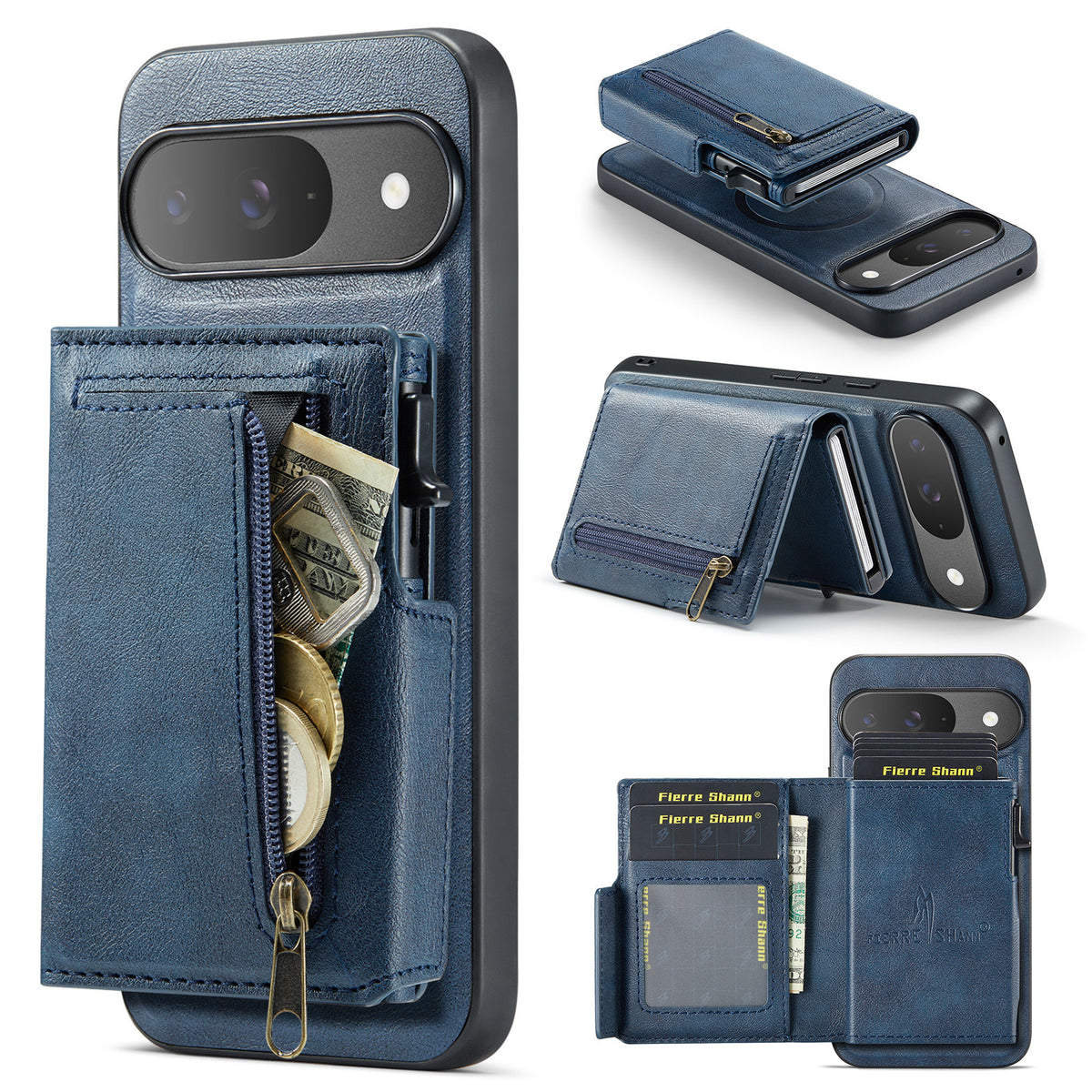 PU Leather Magnetic Pop-Up Card Wallet with Zipper Coin Pocket for Google Pixel