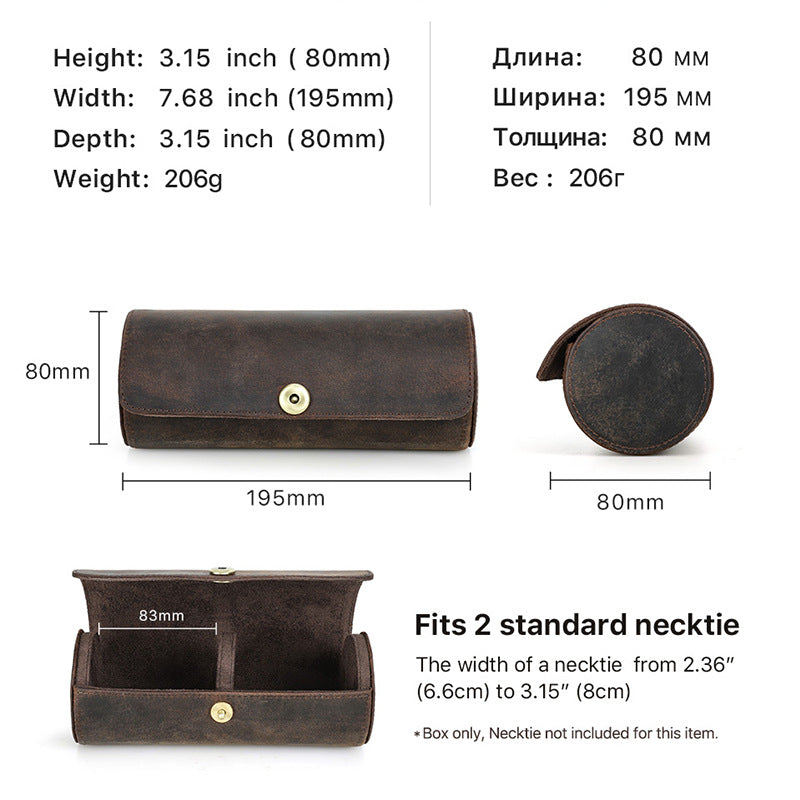 Handmade Vintage Crazy Horse Leather Cylindrical Case for Two Ties with Magnetic Clasp