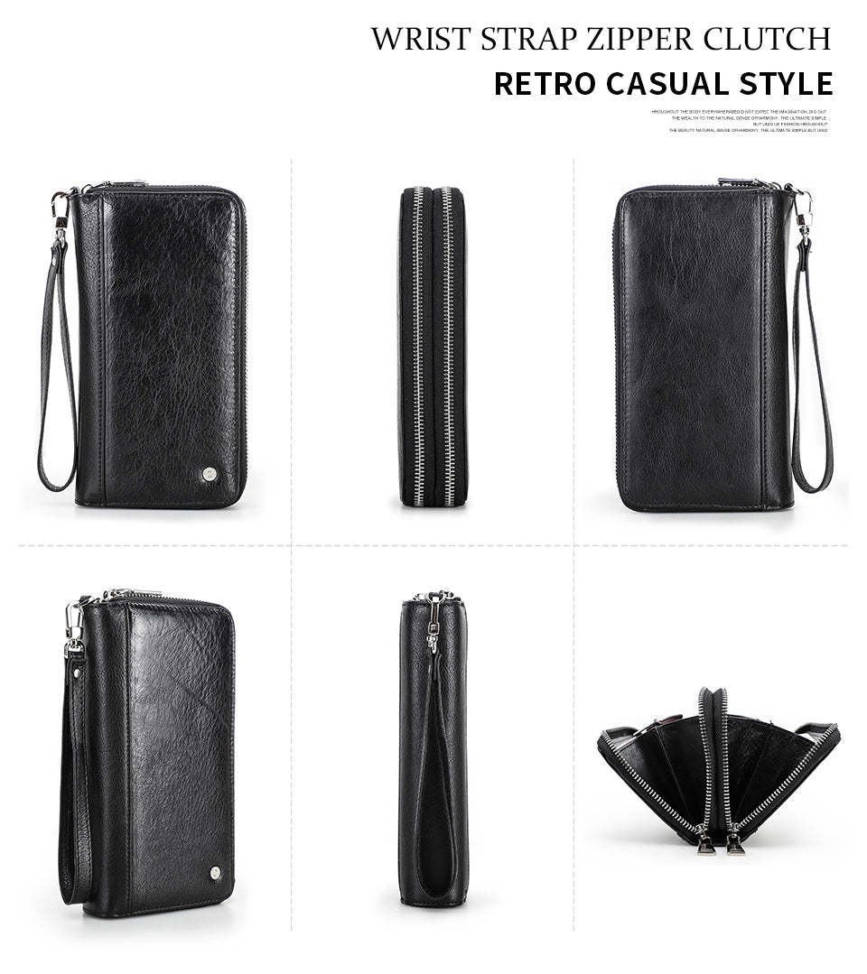 Men’s Vintage Crazy Horse Cowhide Double-Zip Clutch Wallet with Wrist Strap
