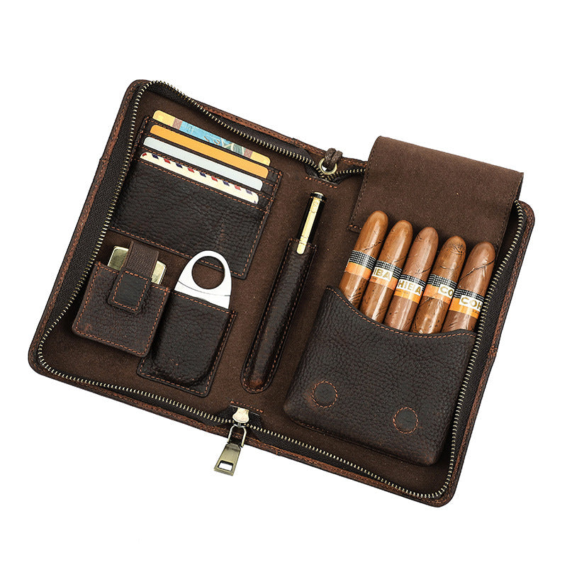 Genuine Leather Zipper Travel Cigar Case with Wrist Strap – Holds 5 Cigars