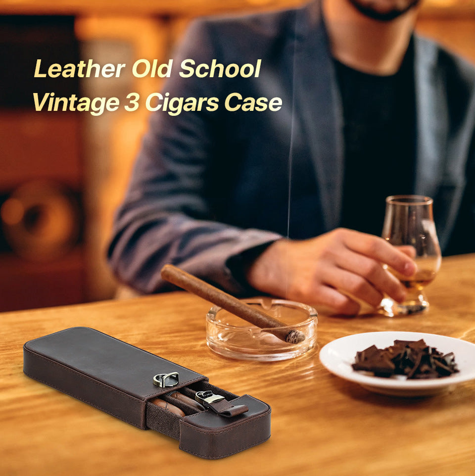 Handmade Cowhide Leather Drawer-Style Cigar Case with Lock – Holds 3 Cigars