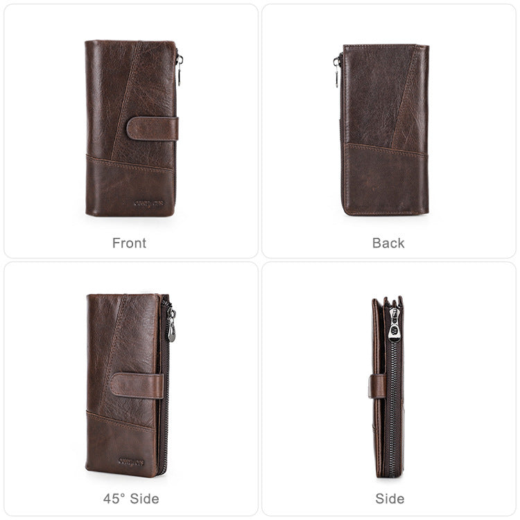 Men’s Top-Grain Cowhide Leather Long Clutch Wallet with Clasp Closure