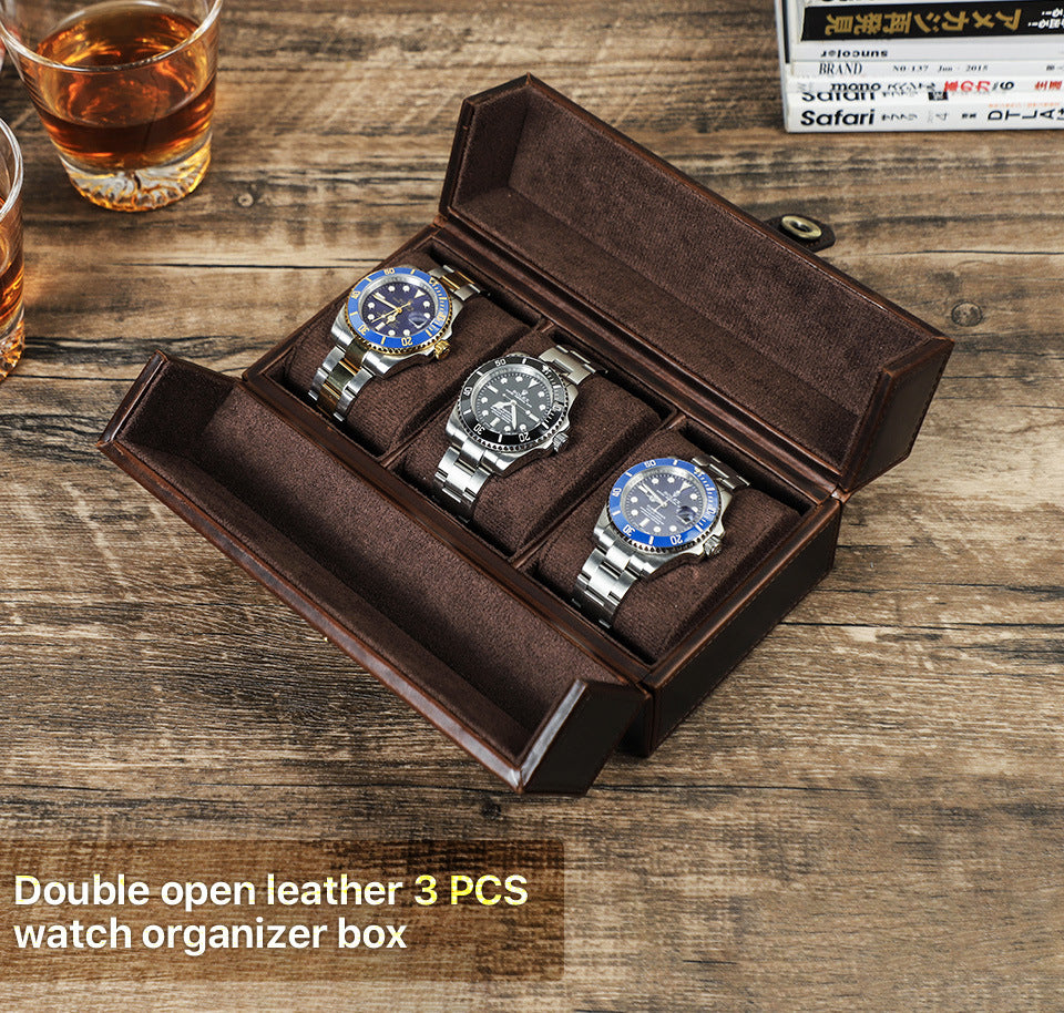 Vintage Crazy Horse Leather Travel Watch Square Case with Magnetic Clasp for Three Watches