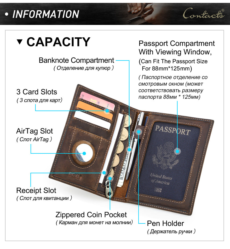 Black Vintage Crazy Horse Leather RFID-Blocking Family Passport Wallet with AirTag Pocket
