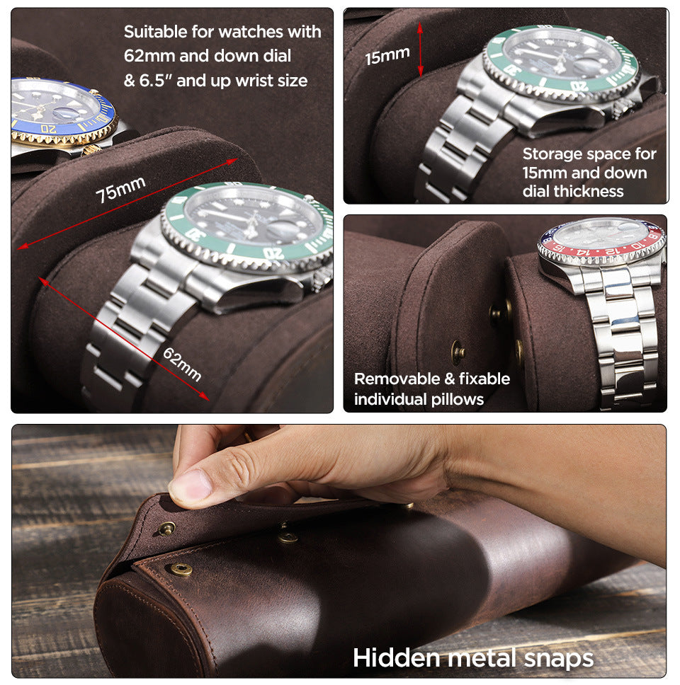 Vintage Crazy Horse Leather Double Watch Travel Case