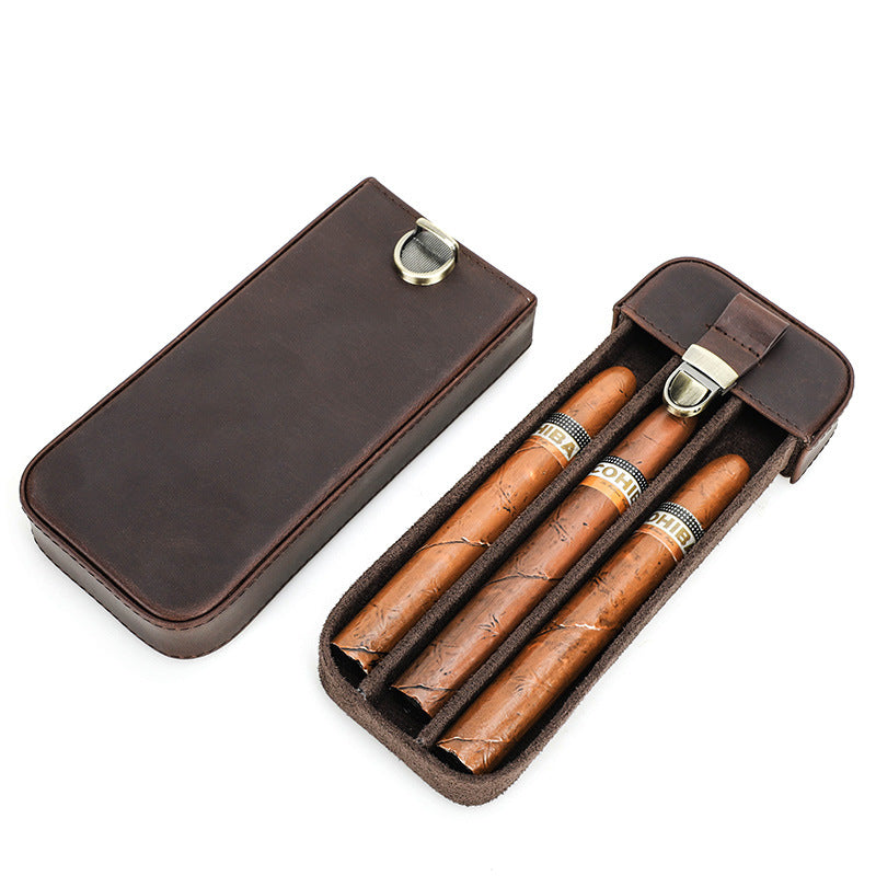Handmade Cowhide Leather Drawer-Style Cigar Case with Lock – Holds 3 Cigars