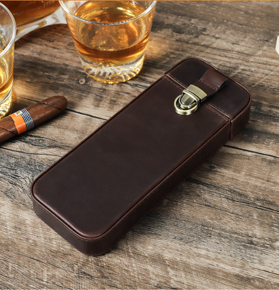 Handmade Cowhide Leather Drawer-Style Cigar Case with Lock – Holds 3 Cigars