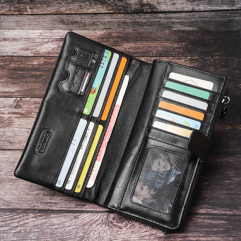 Men’s Top-Grain Cowhide Leather Long Clutch Wallet with Clasp Closure