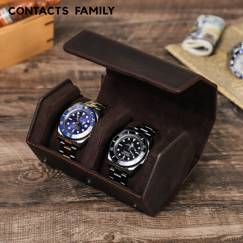 Vintage Hexagon Crazy Horse Leather Watch Case for Two Watches