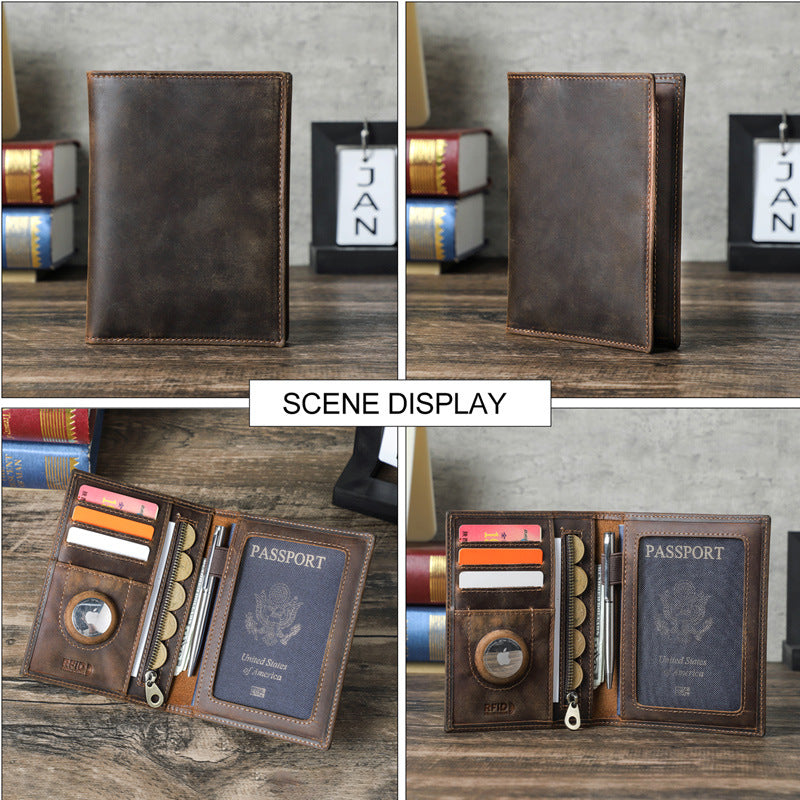 Black Vintage Crazy Horse Leather RFID-Blocking Family Passport Wallet with AirTag Pocket