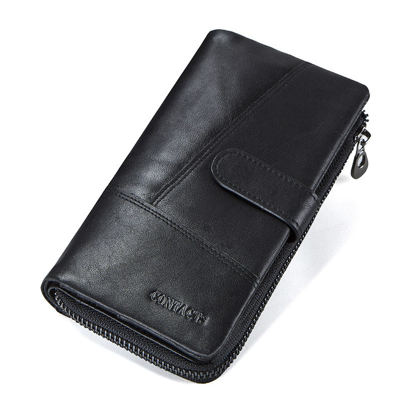 Men’s Top-Grain Cowhide Leather Long Clutch Wallet with Clasp Closure