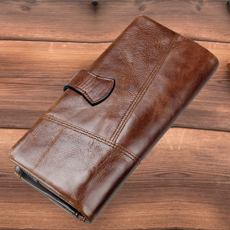 Men’s Cowhide Leather Tri-Fold Clutch Wallet with Clasp Closure