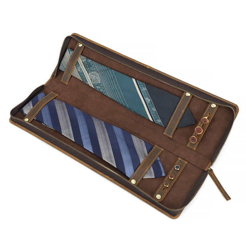 Vintage Crazy Horse Leather Zipper Travel Case for Two Ties & Cufflinks