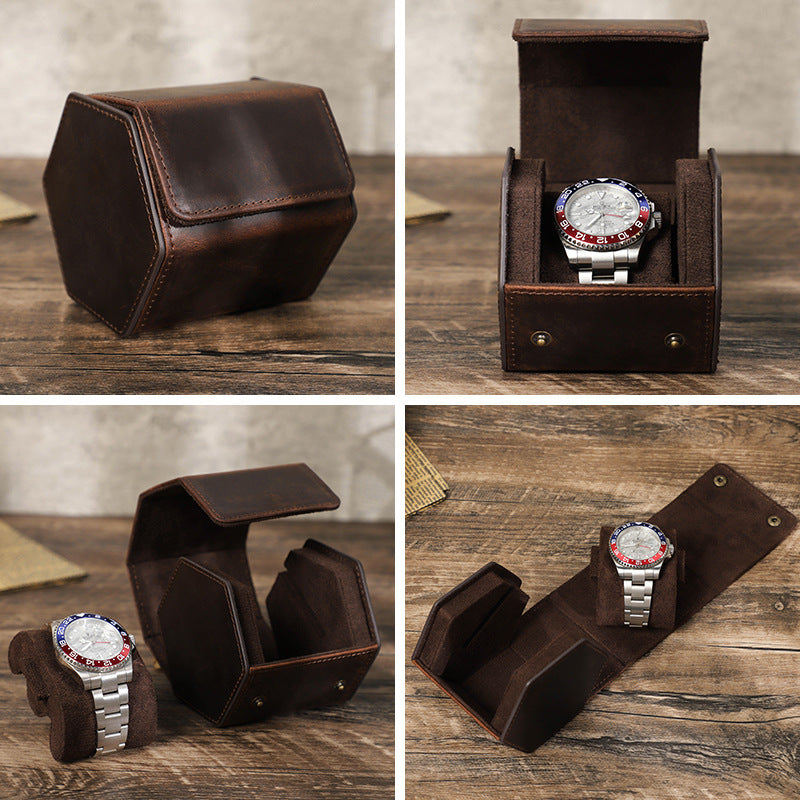 Handcrafted Hexagon Leather Luxury Watch Travel Case