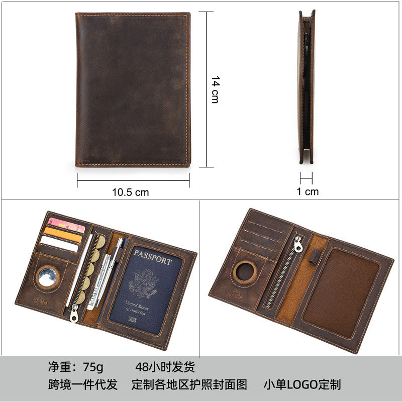 Black Vintage Crazy Horse Leather RFID-Blocking Family Passport Wallet with AirTag Pocket