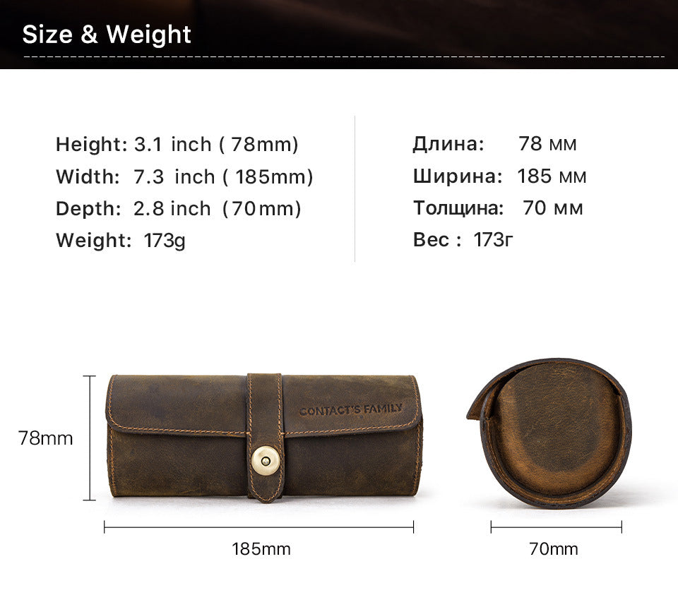 Vintage Crazy Horse Leather Watch Case with Round Clasp for Three Watches
