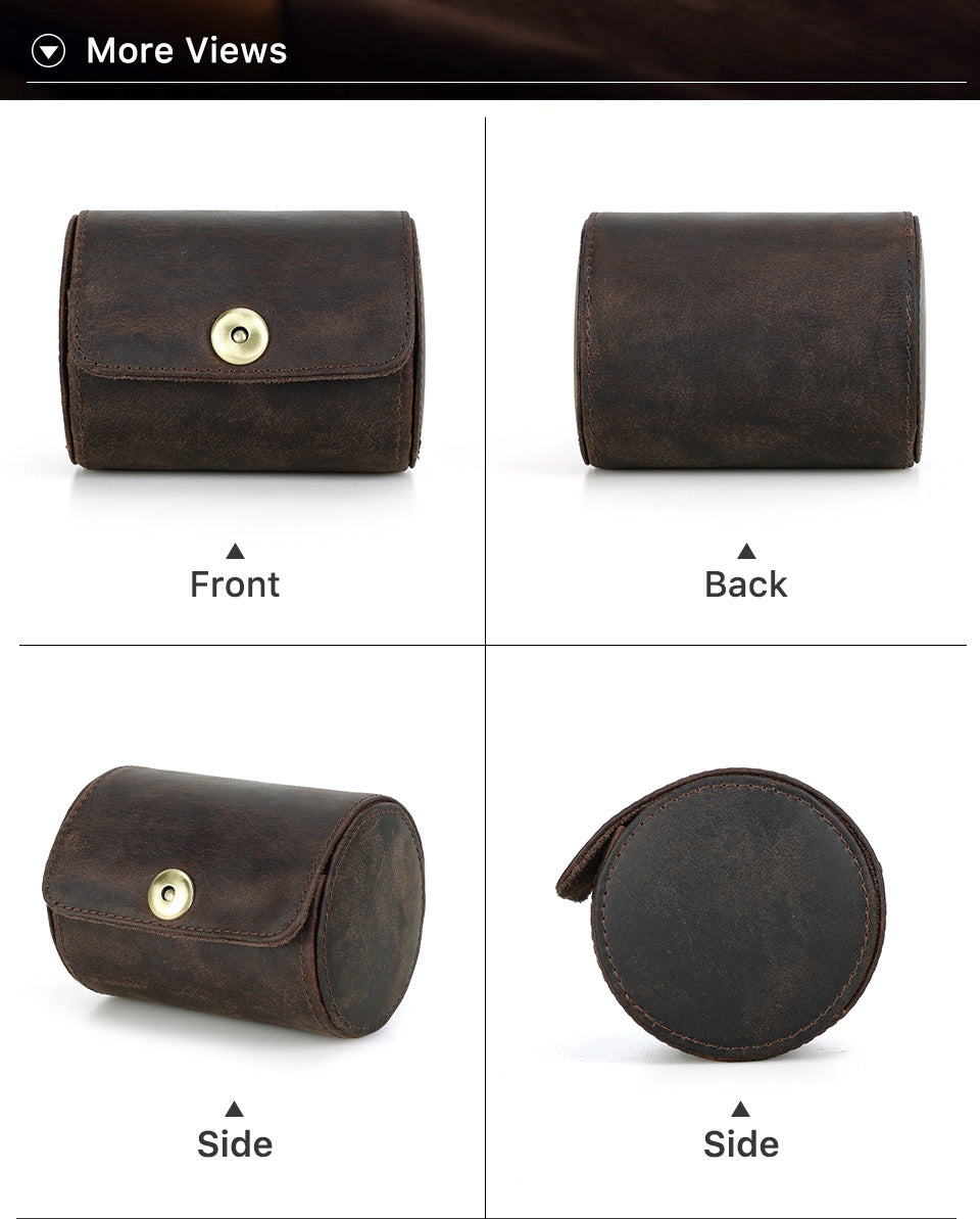 Handmade Genuine Leather Round Tie Travel Case with Magnetic Closure