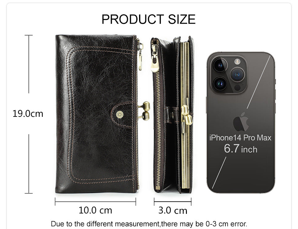 Top-Grain Cowhide Leather RFID-Blocking Long Wallet for Women with Metal Clasp