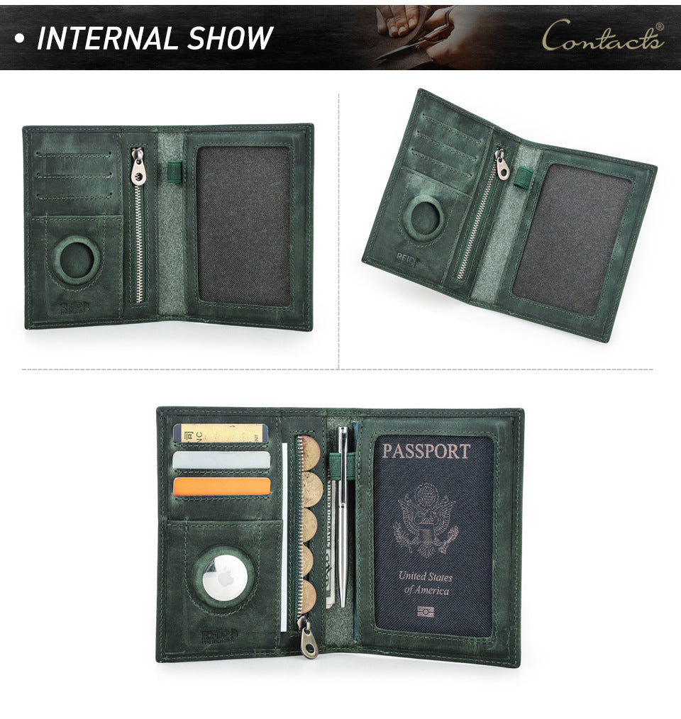 Black Vintage Crazy Horse Leather RFID-Blocking Family Passport Wallet with AirTag Pocket