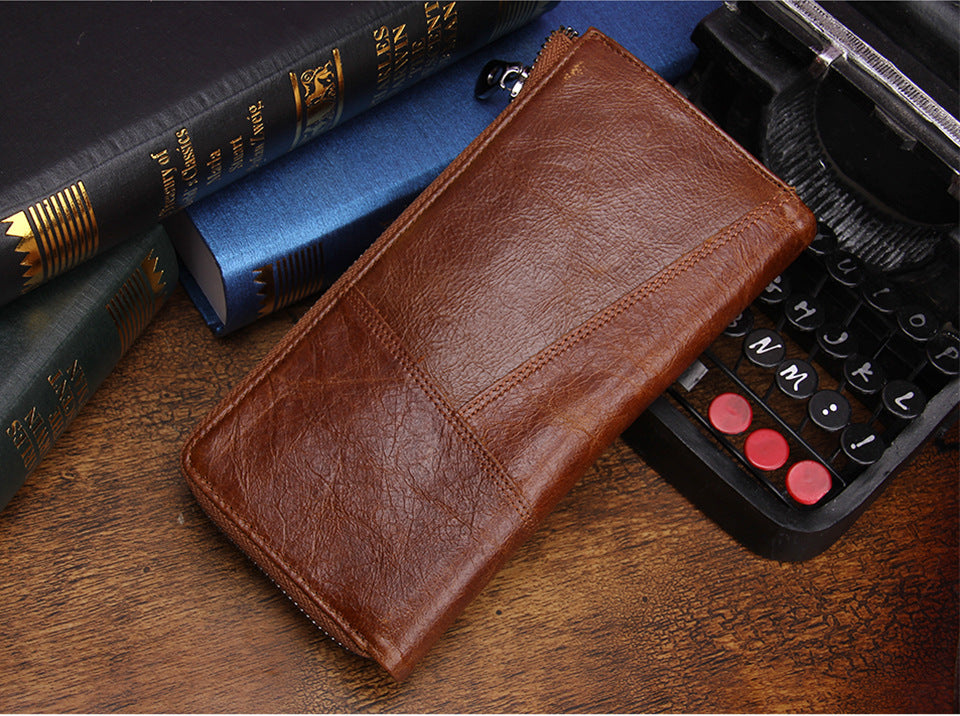 Men’s Top-Grain Cowhide Leather Long Clutch Wallet with Clasp Closure
