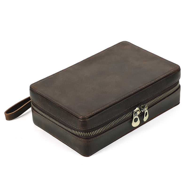 Vintage Crazy Horse Leather Zipper Travel Cigar Case with Wrist Strap – Holds 4 Cigars