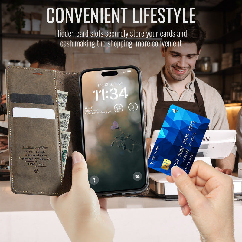 PU Leather Flip Wallet Case with Card Holder for iPhone 12–17 Series