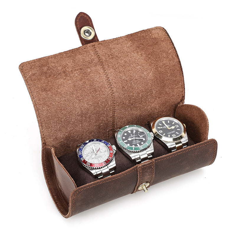 Vintage Crazy Horse Leather Watch Case with Round Clasp for Three Watches