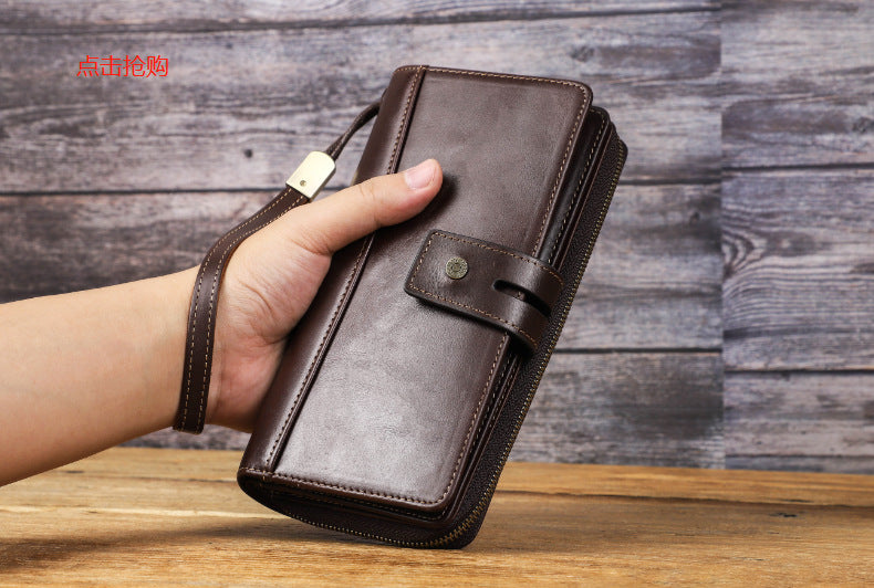 Men’s Vintage Crazy Horse Cowhide Double-Zip Clutch Wallet with Wrist Strap