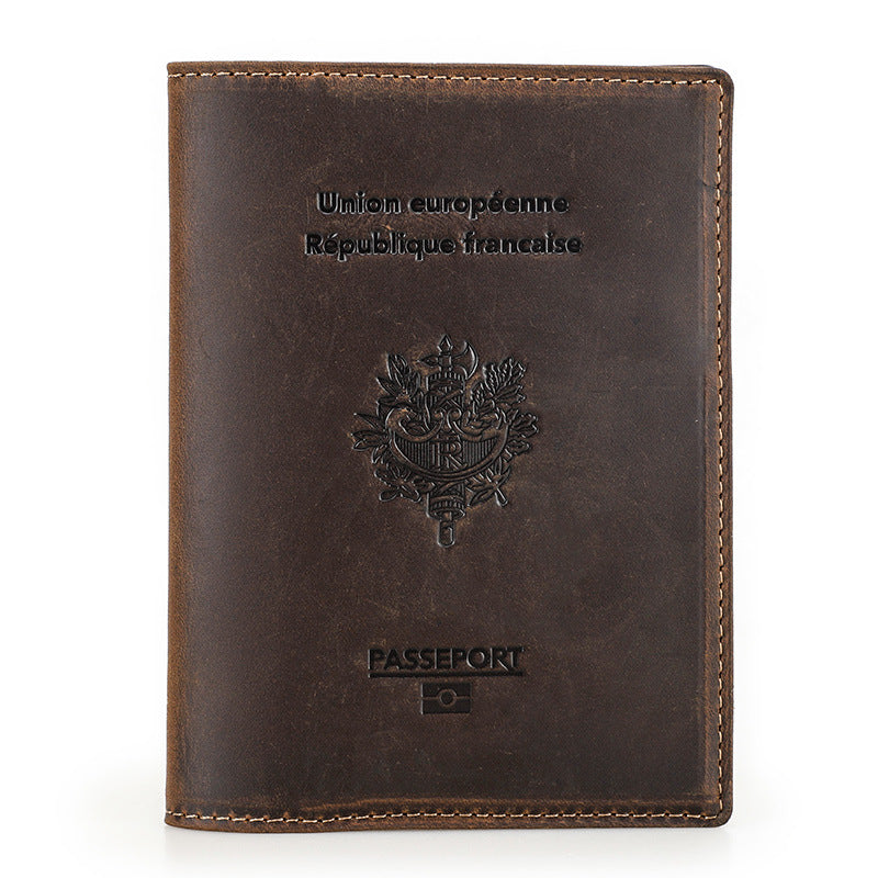 Black Vintage Crazy Horse Leather RFID-Blocking Family Passport Wallet with AirTag Pocket