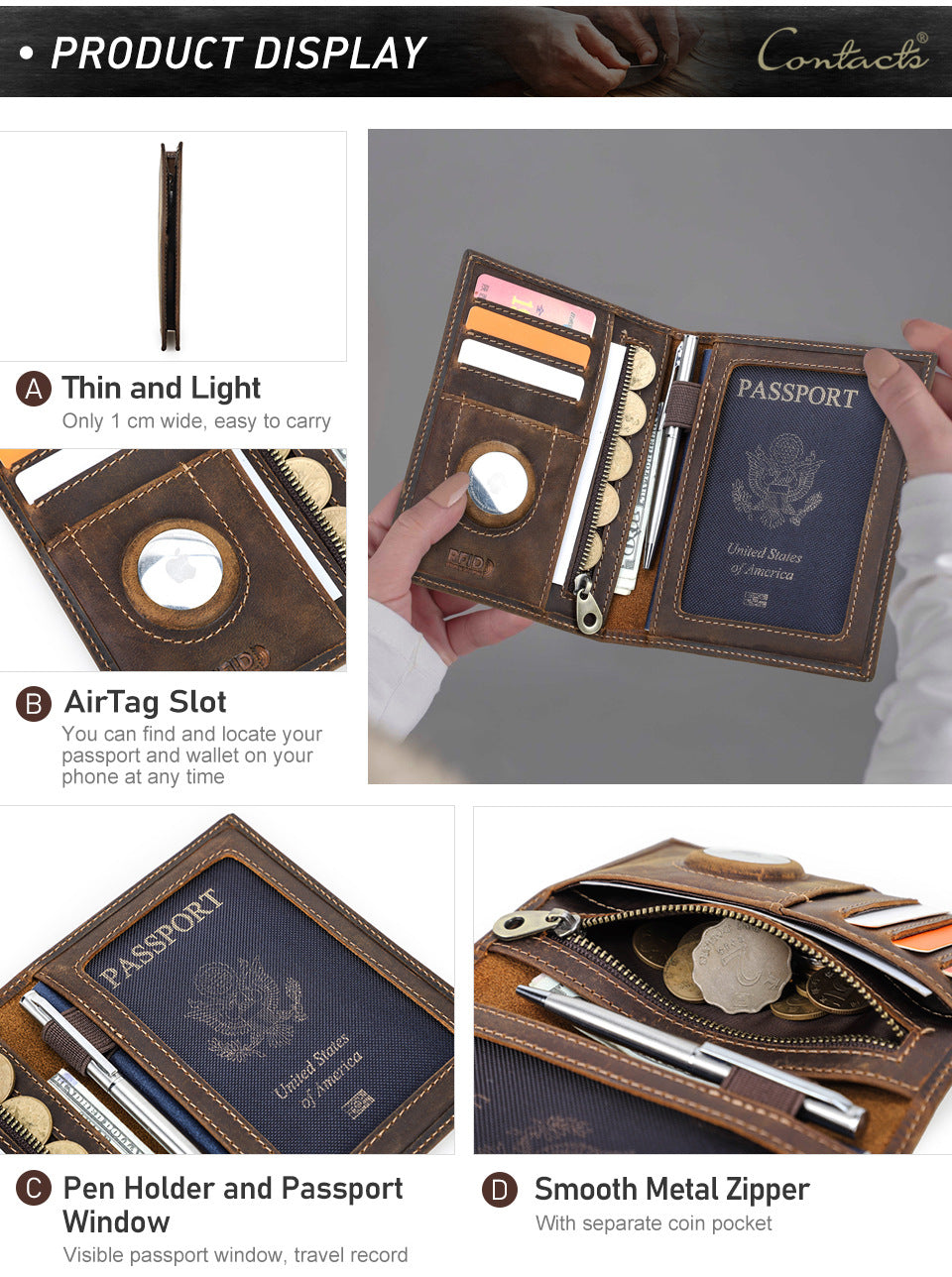 Black Vintage Crazy Horse Leather RFID-Blocking Family Passport Wallet with AirTag Pocket