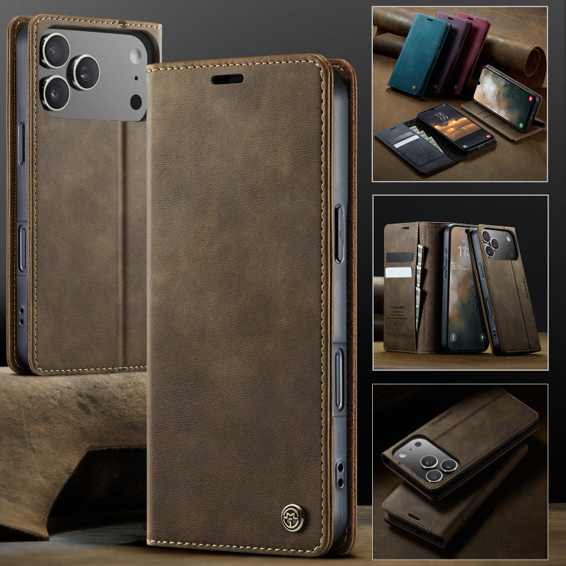 PU Leather Flip Wallet Case with Card Holder for iPhone 12–17 Series