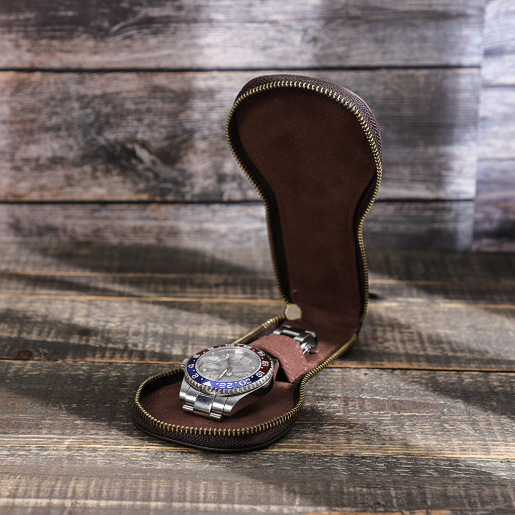 Retro Leather Single Watch Travel Case with Zipper Closure