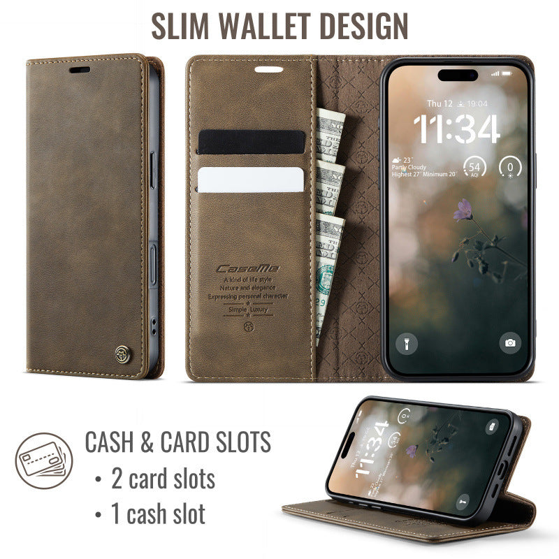 PU Leather Flip Wallet Case with Card Holder for iPhone 12–17 Series