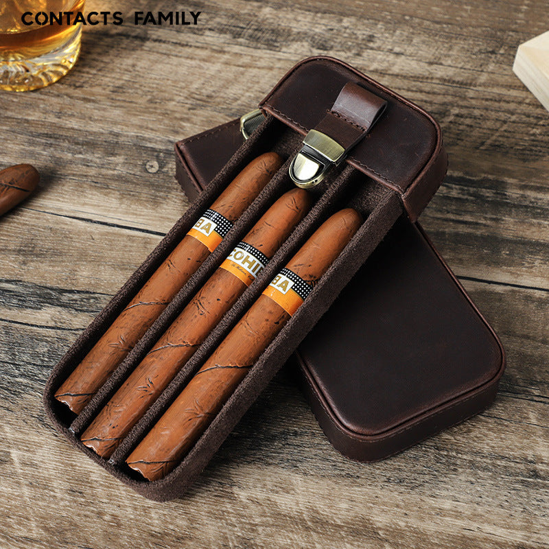 Handmade Cowhide Leather Drawer-Style Cigar Case with Lock – Holds 3 Cigars