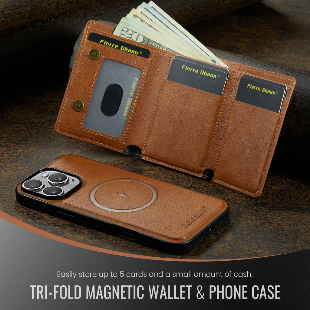 2-in-1 PU Leather MagSafe Case with Tri-Fold Wallet Stand for iPhone 11–17 Series