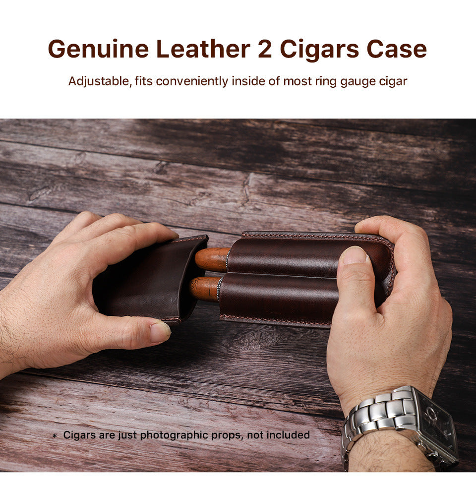 Vintage Cowhide Leather Travel Cigar Case – Holds 2 Cigars