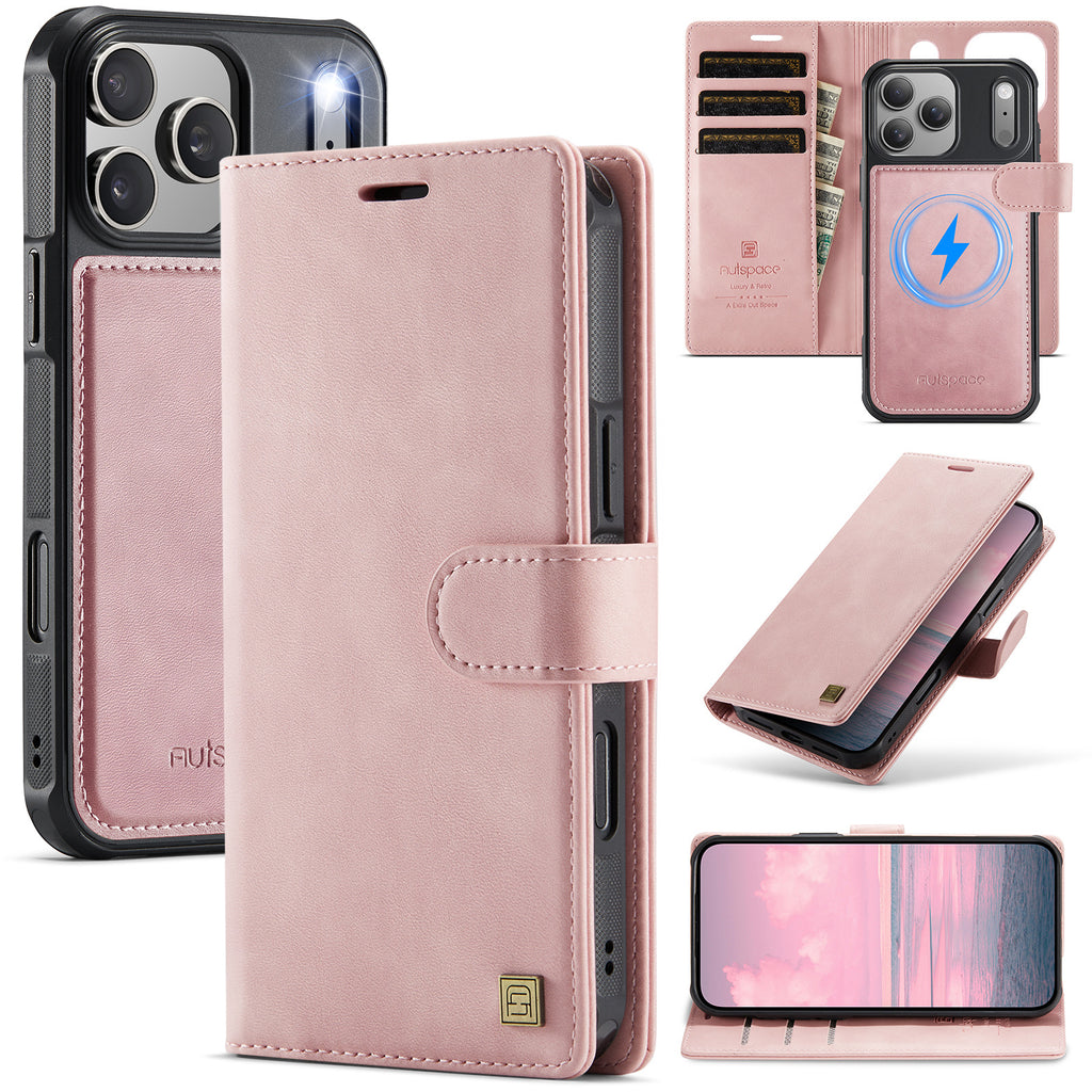2-in-1 MagSafe-Compatible PU Leather Flip Case with Card Holder Stand for iPhone 12-17 series