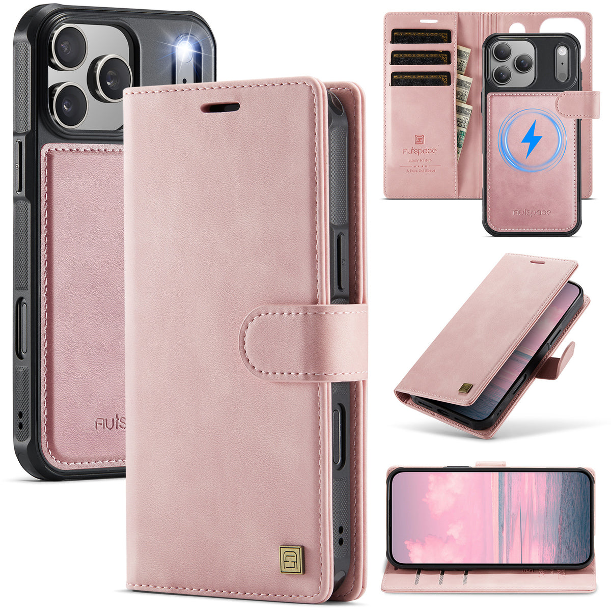 2-in-1 MagSafe-Compatible PU Leather Flip Case with Card Holder Stand for iPhone 12-17 series