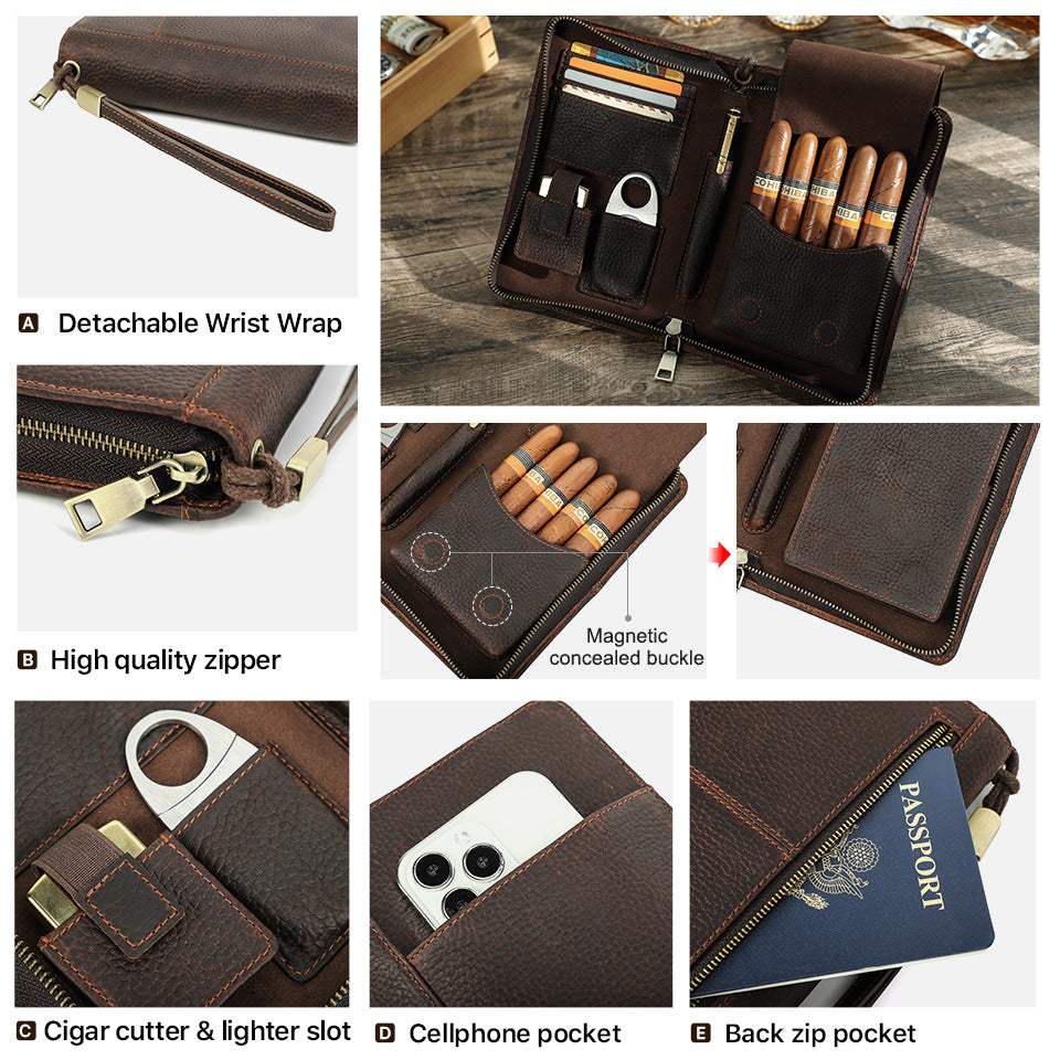 Genuine Leather Zipper Travel Cigar Case with Wrist Strap – Holds 5 Cigars