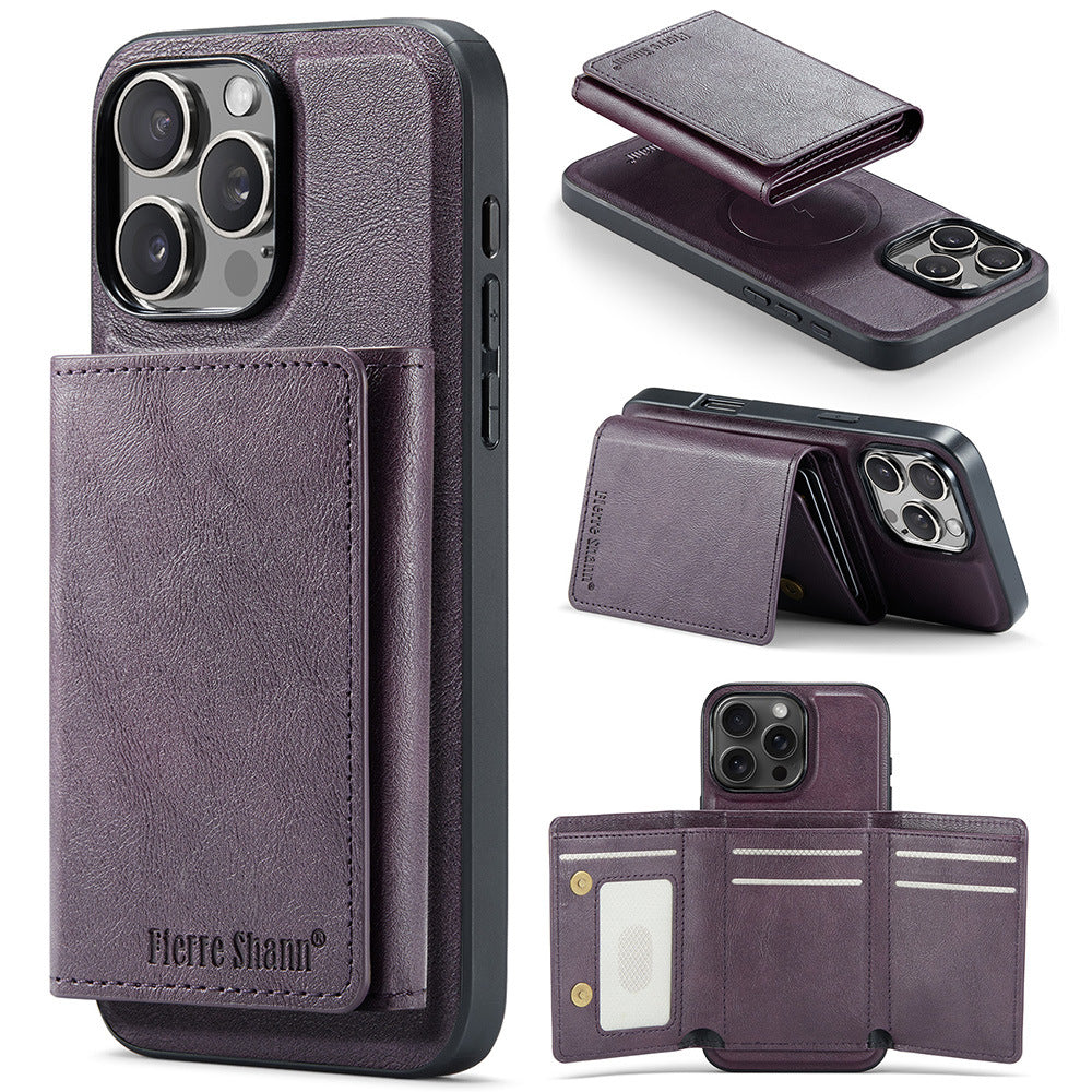2-in-1 PU Leather MagSafe Case with Tri-Fold Wallet Stand for iPhone 11–17 Series