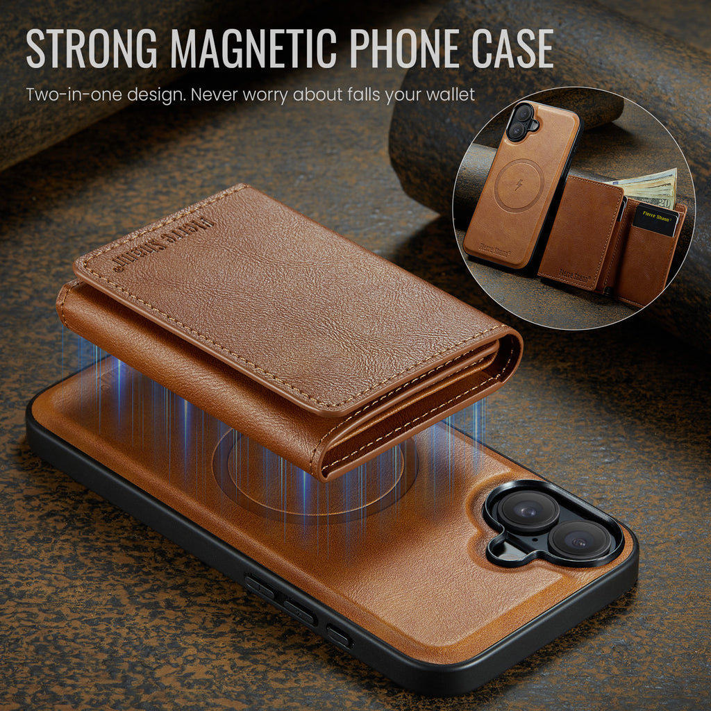 2-in-1 PU Leather MagSafe Case with Tri-Fold Wallet Stand for iPhone 11–17 Series