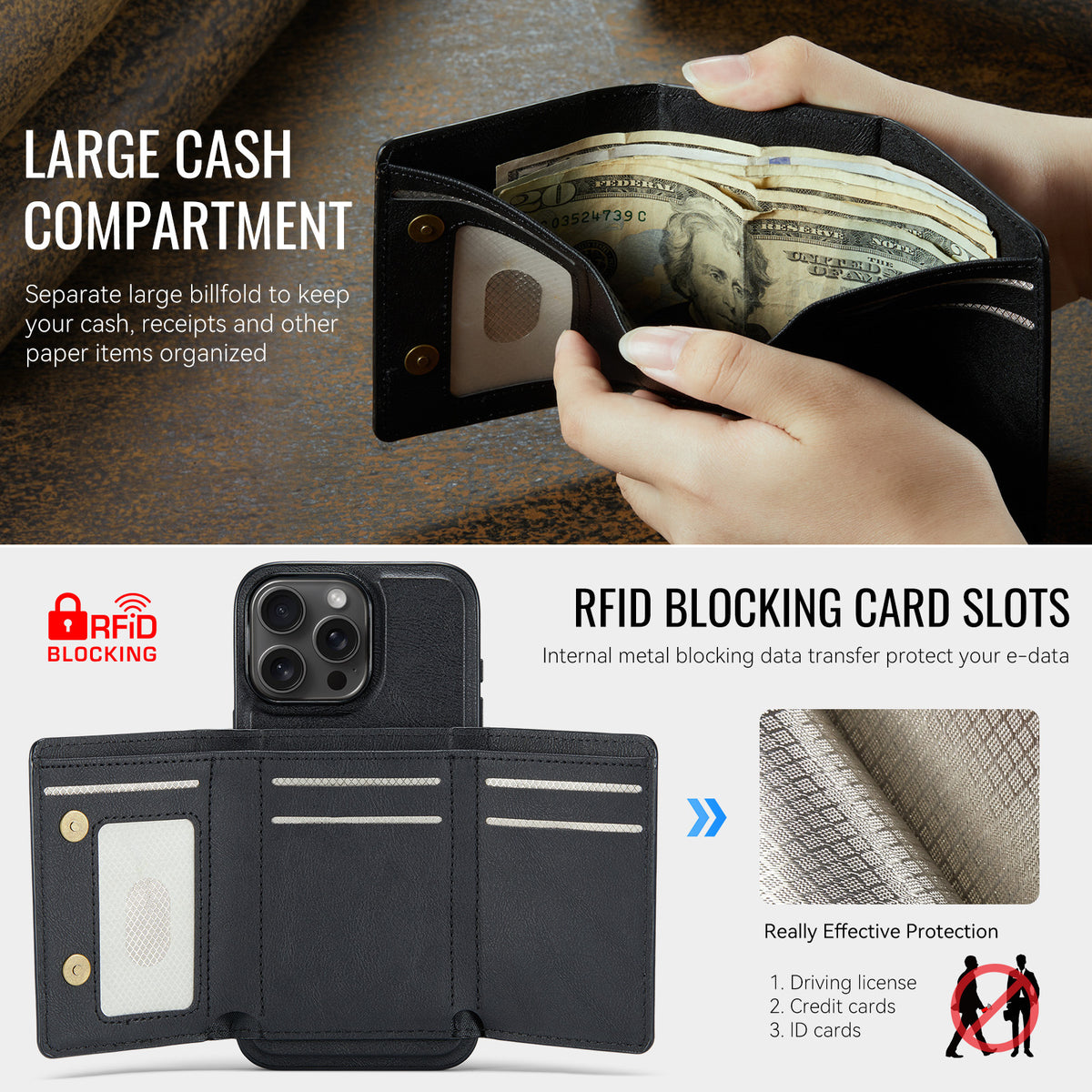2-in-1 PU Leather MagSafe Case with Tri-Fold Wallet Stand for iPhone 11–17 Series